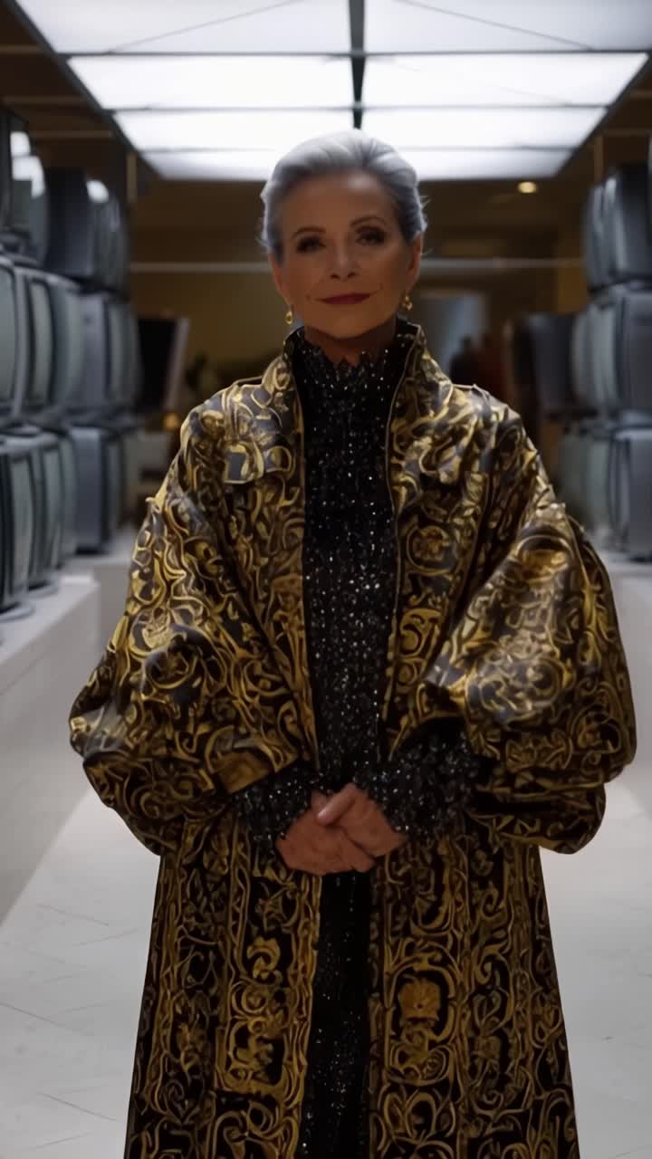 Elegante donna anziana in sontuoso mantello dorato in posa con sicurezza in uno spazio d'arte moderno, mostrando stile unico e portamento sotto una luce brillante e sapientemente progettata.