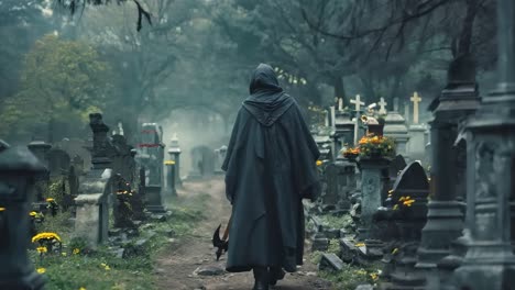 a person in a black cloak walking through a cemetery