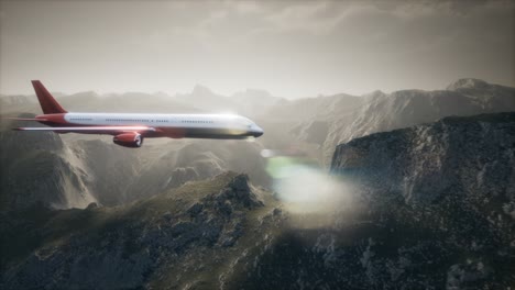 passenger aircraft over mountain landscape