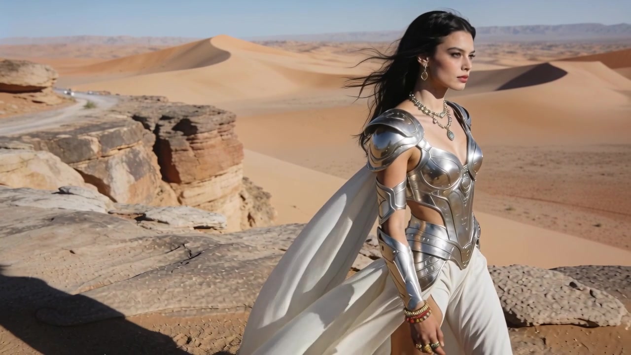 Una donna in armatura cammina sul bordo di una scogliera sopra le dune, il vento le solleva il mantello mentre scruta l'orizzonte, con spazio per il testo.