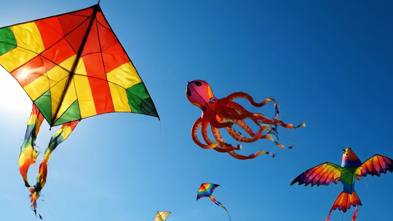 Una colorida exhibición de cometas volando alto en un cielo azul claro, con diseños vibrantes que incluyen un pulpo y un pájaro, capturando la alegría de las actividades primaverales.