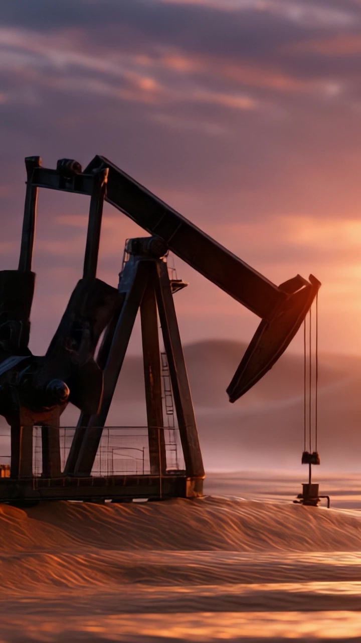 An Expansive View of an Oil Derrick Against a Stunning Sunset, Highlighting the Beauty of Industrial Machinery in a Serene Landscape
