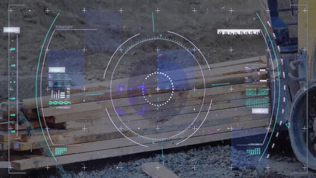 Animation of glitch technique over circles, dna helix, loading bars against wooden planks on land