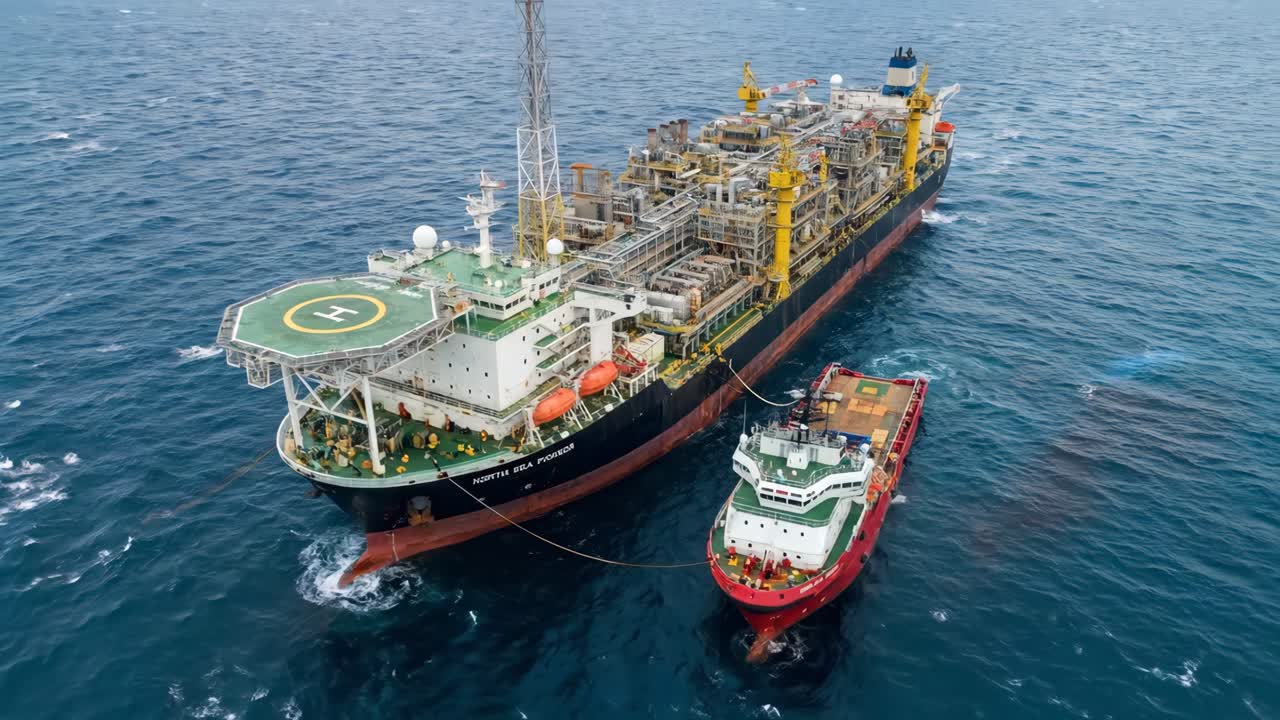 Aerial View of Large FPSO Oil Production Vessel and Support Ship