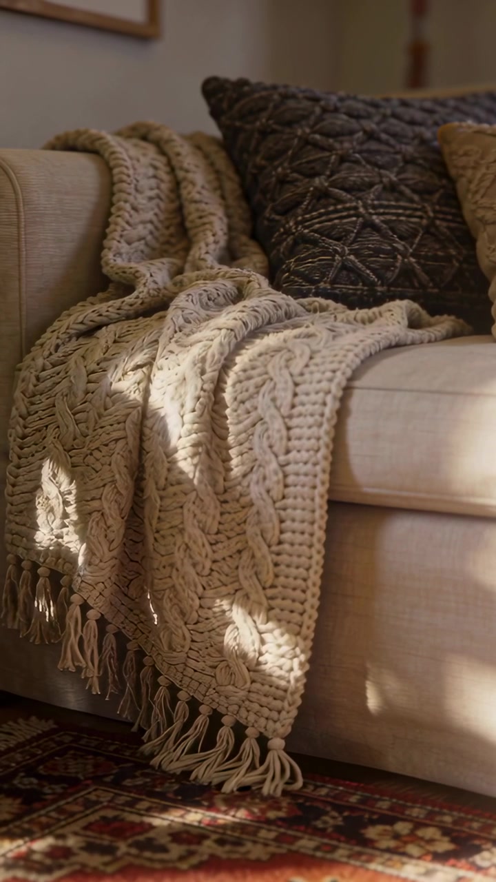 Telecamera in movimento che si concentra su un plaid a trecce beige sul divano, con la luce del sole che si sposta rivelando le nappe.