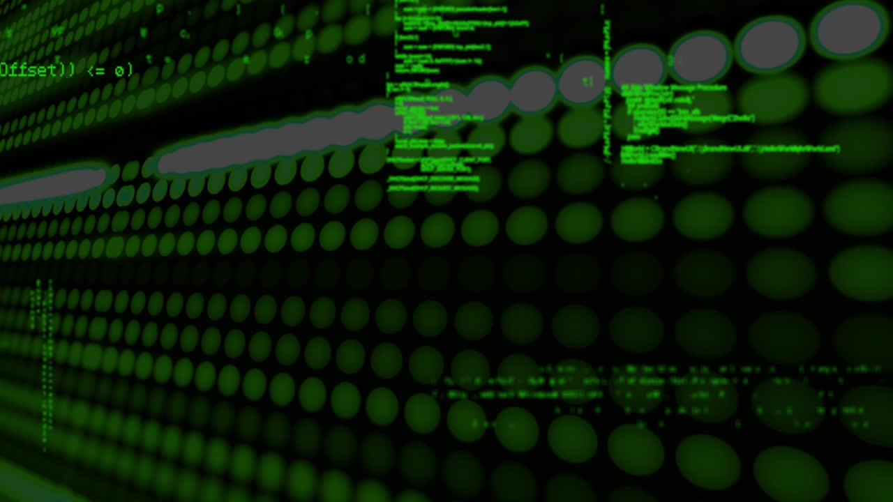 Animation of data processing in green on black background with green spots
