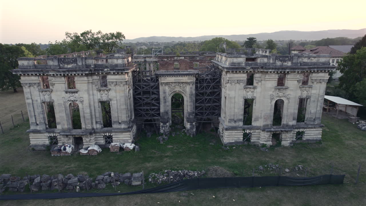 Ruins of Cantacuzino Palace, Petit Trianon of Floresti, Romania, rear entrance, drone footage