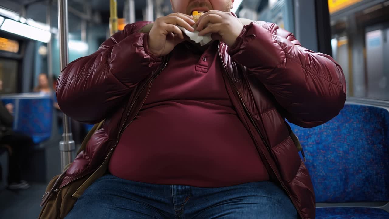 Un uomo in sovrappeso siede su un treno della metropolitana. Tiene un panino tra le mani e lo solleva per mangiarlo. Siede vicino a sedili blu con pali di metallo. Indossa una giacca rossa imbottita e dei jeans.