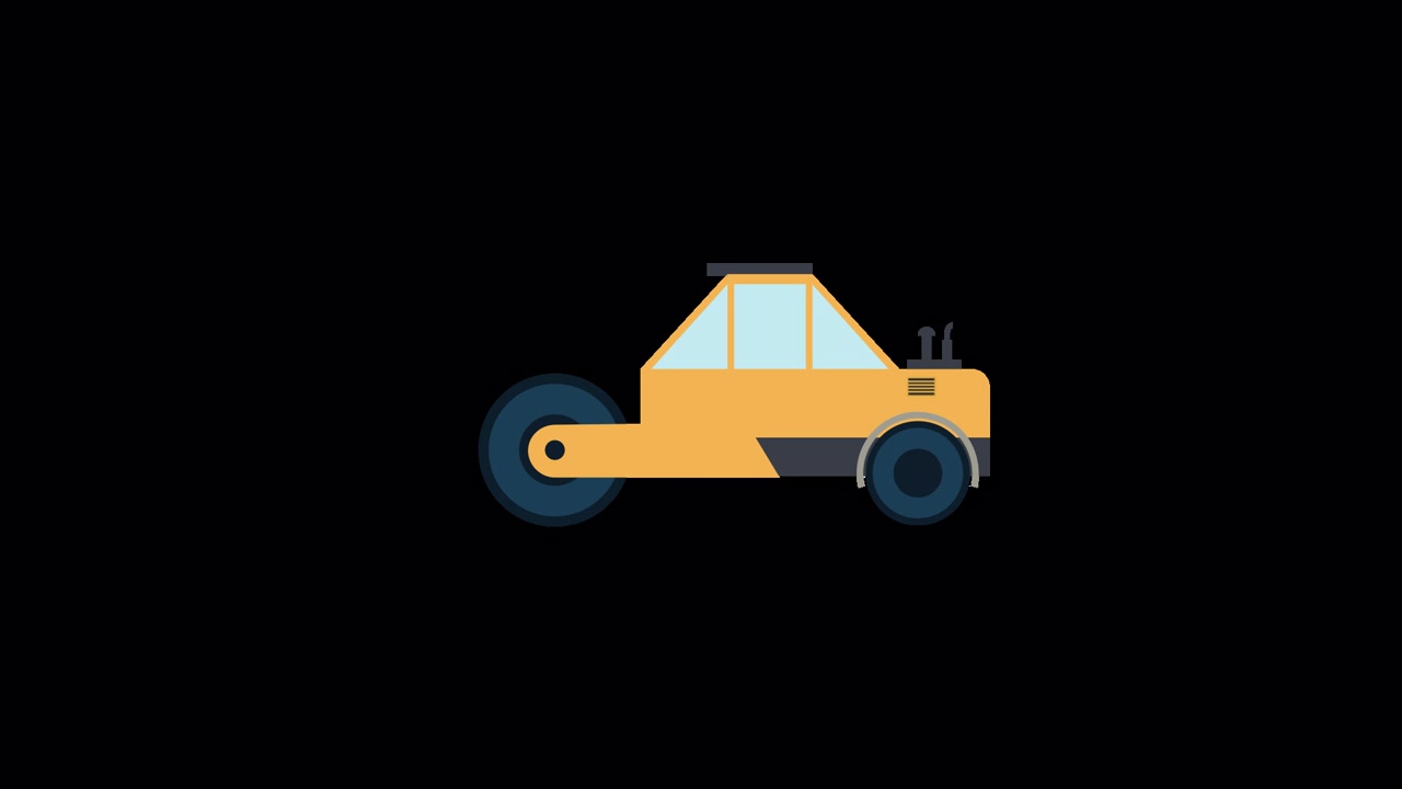 Animazione in stile flat design di un rullo compressore che si assembla e disassembla
