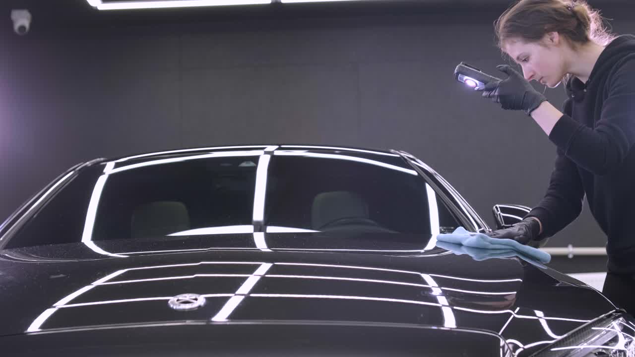 페인트 복원을 위해 기계와 폴리셔를 사용하는 전문 자동차 디테일링.