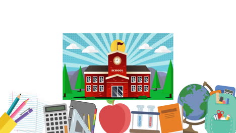 digital animation of school building icon against multiple school concept icons on white background