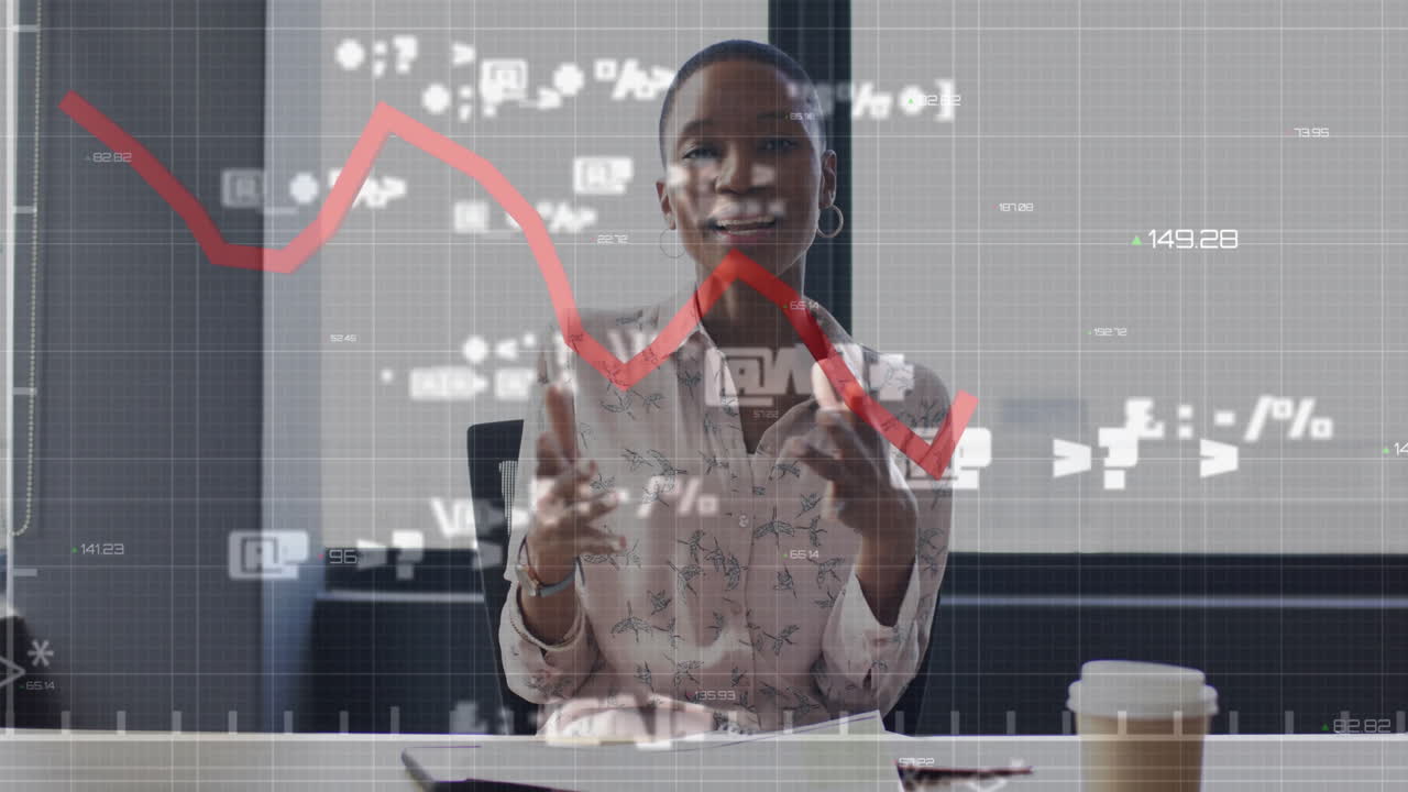 Animation of financial data processing over african american businesswoman in office
