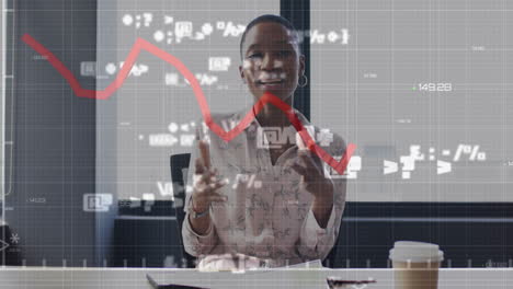 animation of financial data processing over african american businesswoman in office