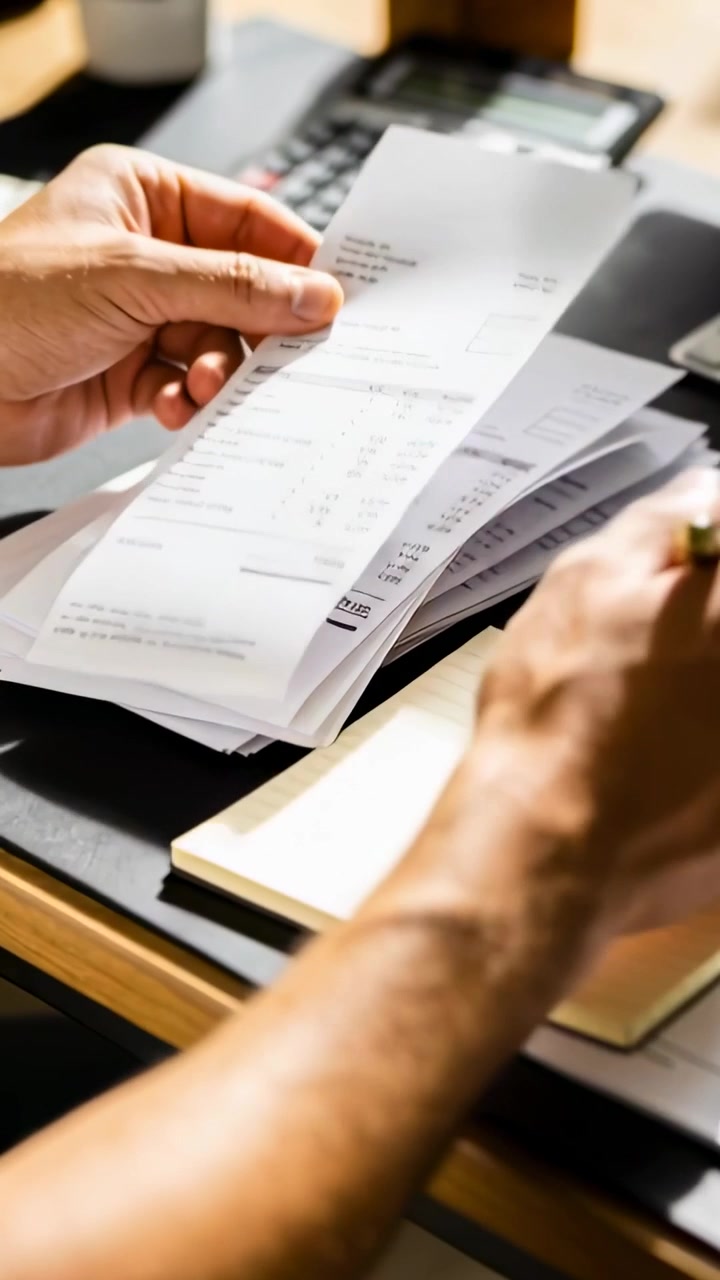 Vertical video: Picking up receipt, hands scanning bills, totaling on calculator at desk, bare arms