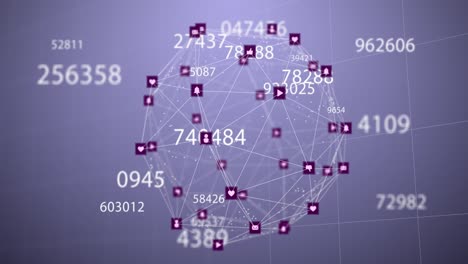 Animation-of-network-of-connections-with-icons-and-numbers-on-violet-background