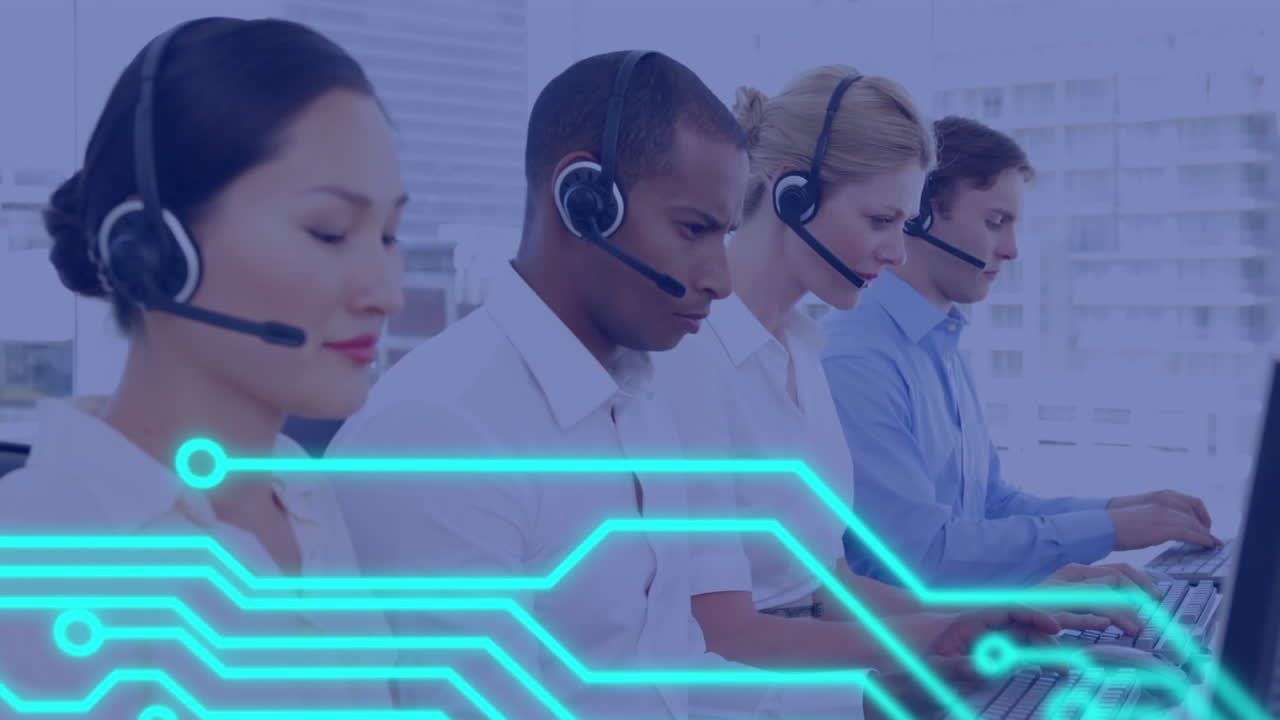 Animation of circuit board elements over business people using phone headsets
