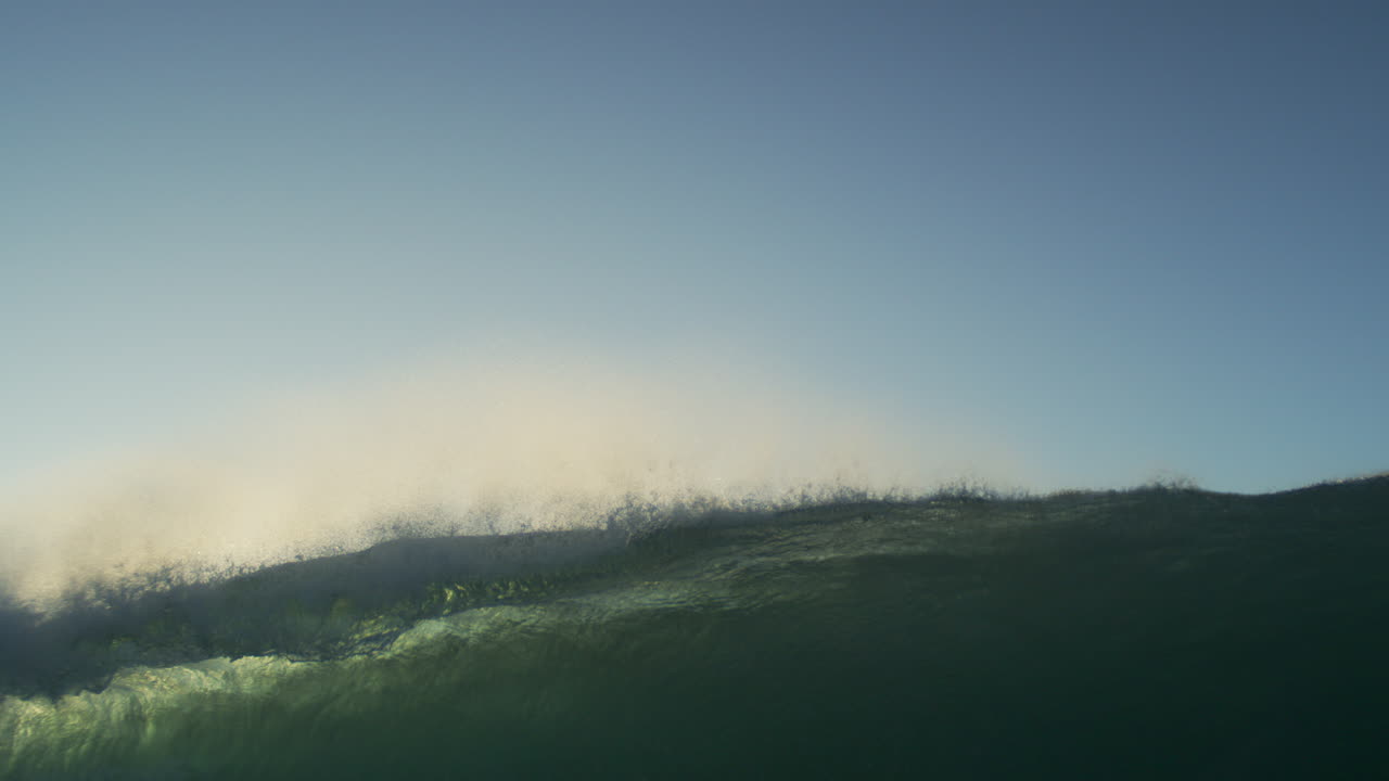 Ocean surface under wave in slow motion, sunlight filtering through