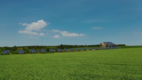 innovative solar panels on field. agricultural landscape in spring and photovoltaic solar cells to receive green energy from the sun. ecological electricity.
