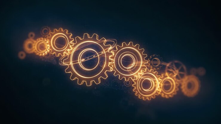 Et problemfrit skift af glødende gear, der illustrerer futuristiske mekanismer og præcisionsteknik, hvilket fremhæver krydsfeltet mellem teknologi og innovation