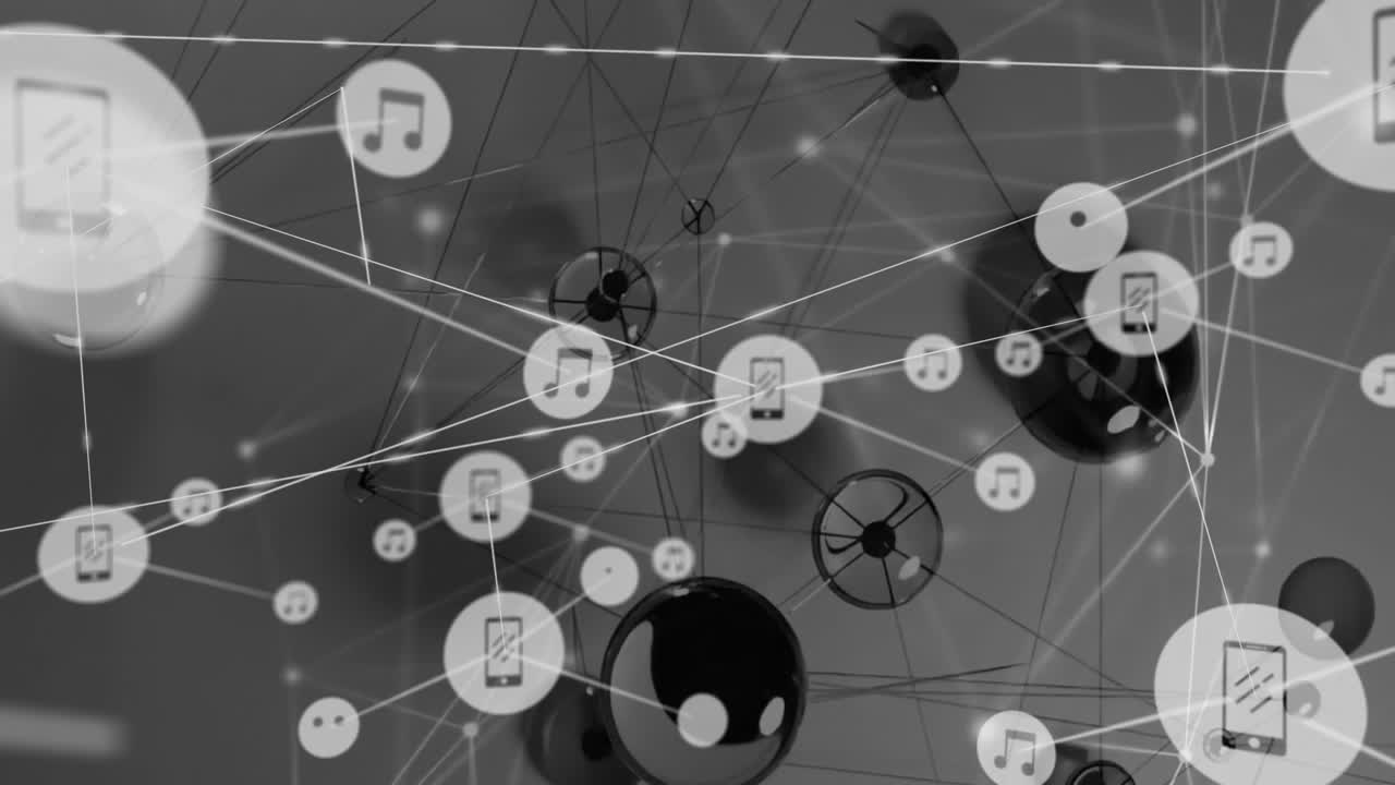 회색 배경 위의 장치 아이콘과 연결 네트워크의 애니메이션