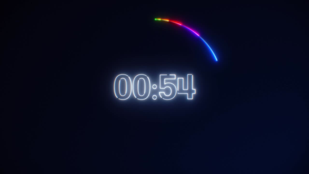 White Neon Light 60 Seconds Countdown on black background. Running dynamic light. Timer from 60 to 0 seconds. 1 minute countdown. 30 or 10 seconds. Rainbow Speed running circle light