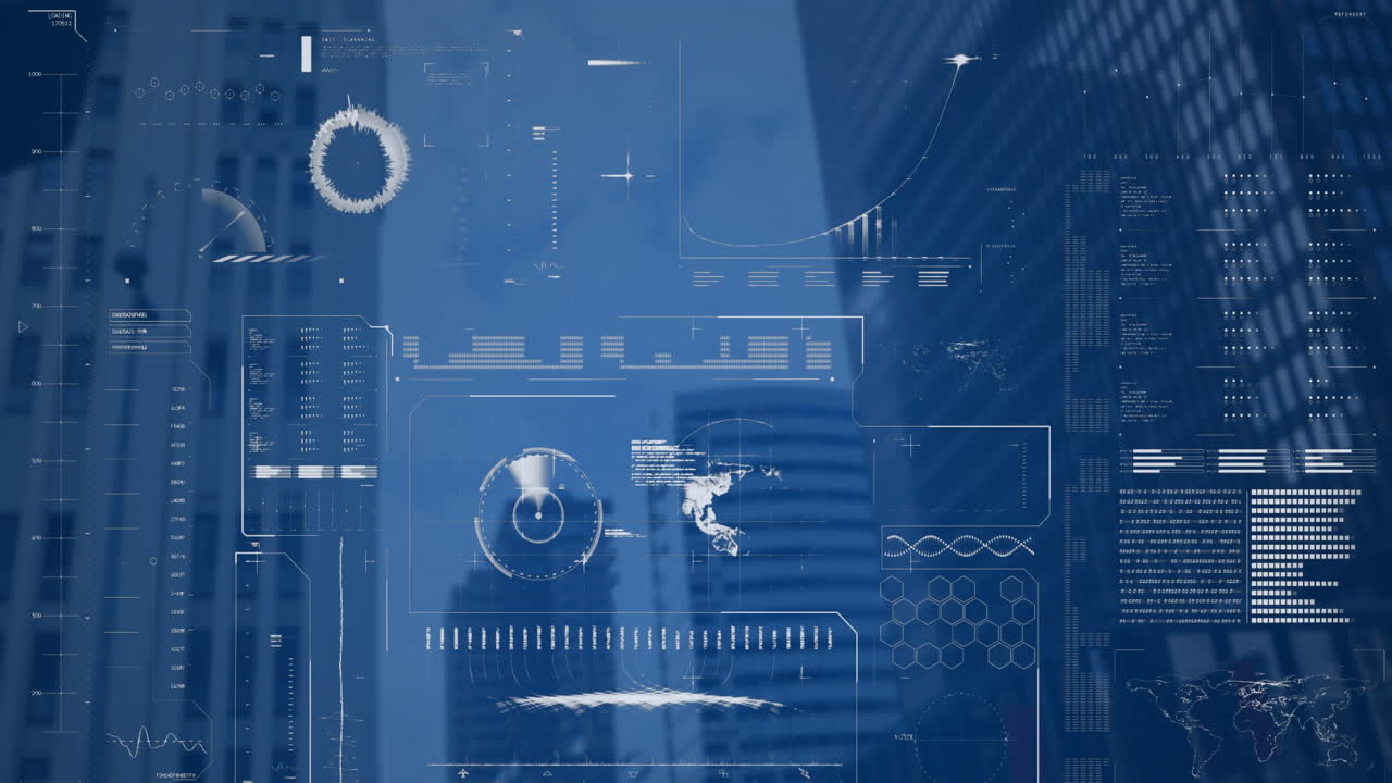 Animation of interface with data processing against low angle view of tall buildings