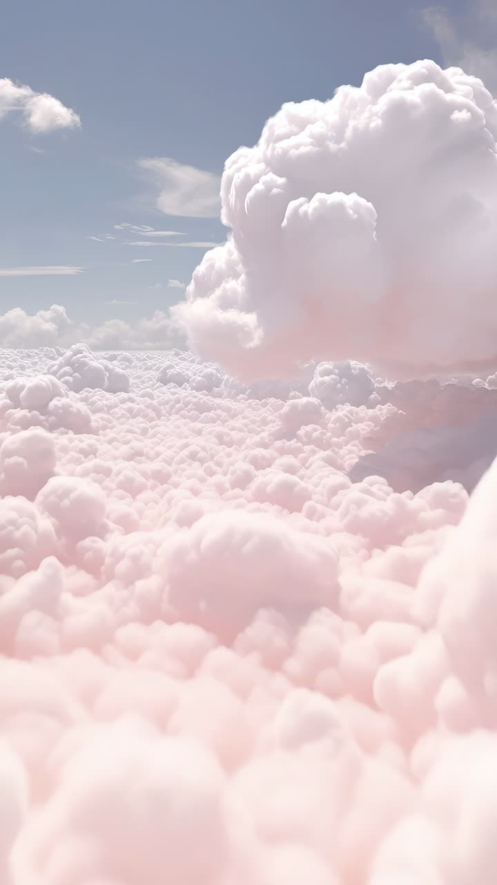 A dreamy, pastel-hued video scene of fluffy pink clouds from a high-angle perspective