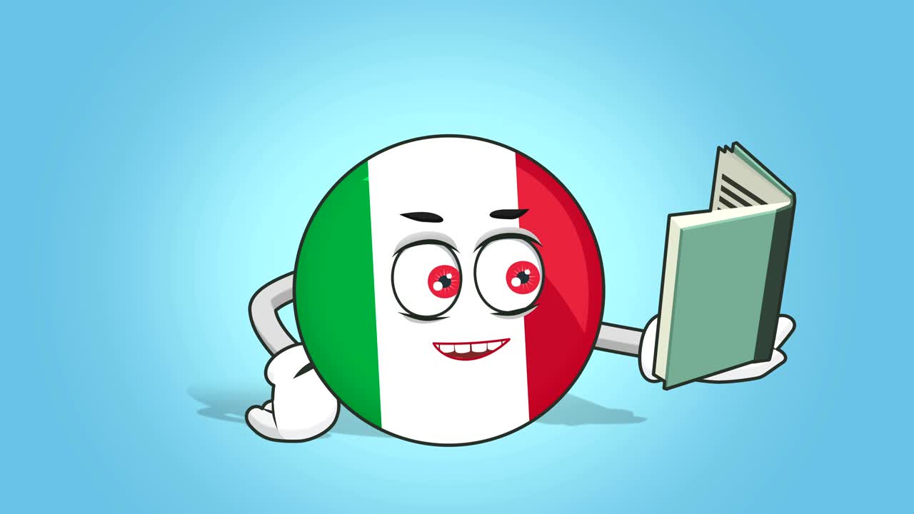 icono de dibujos animados bandera de italia leer libro con animación de cara con alfa mate