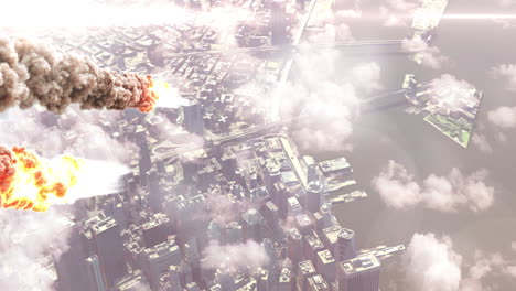 meteors striking a city: aerial view of catastrophic impacts