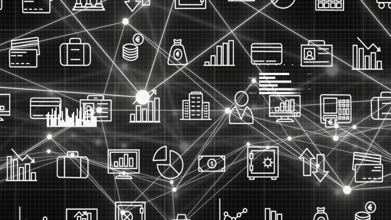 animación de la red de conexiones e iconos digitales sobre fondo negro