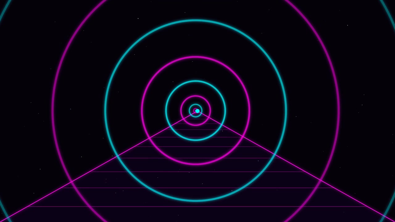 Retro Synthwave Style Tunnel with Neon Circles and Grid