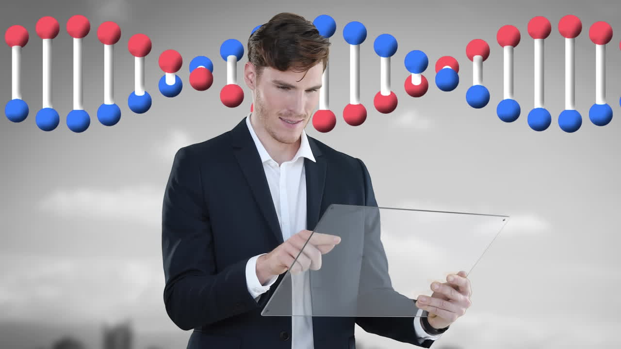 анимация нити днк, вращающейся над кавказским бизнесменом с планшетом