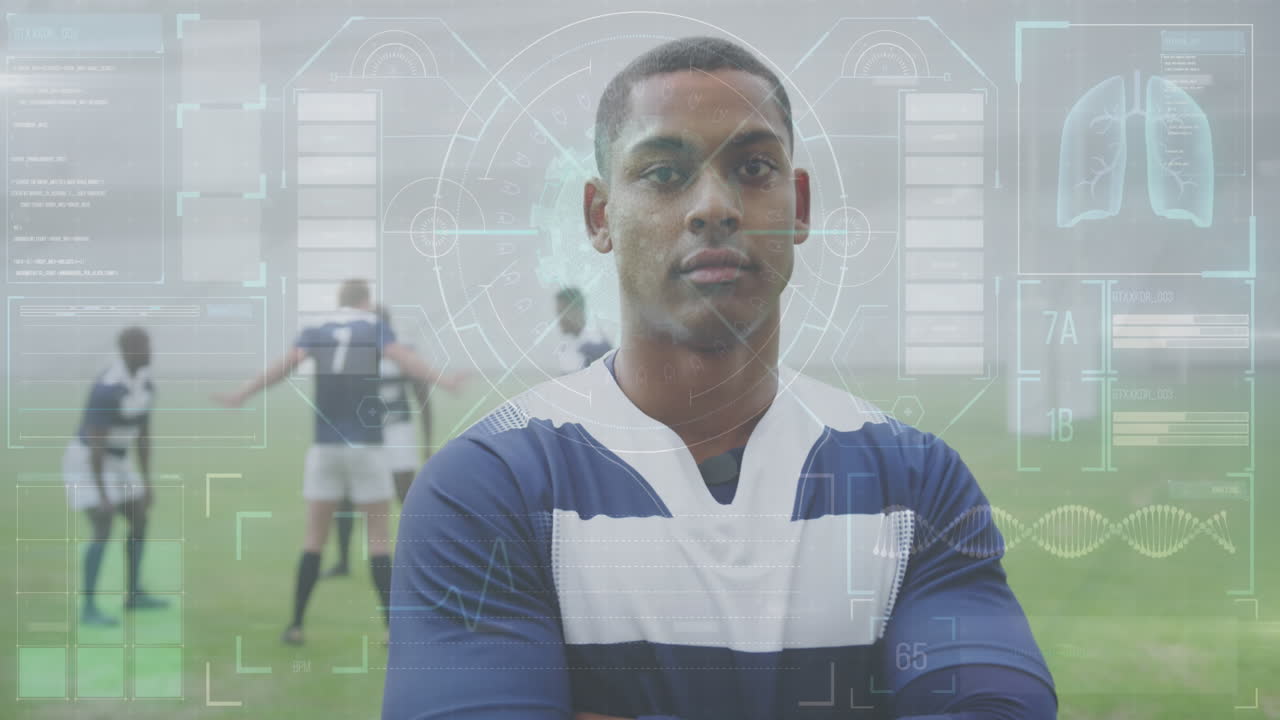 Animation of digital interface with covid 19 medical data processing over rugby players