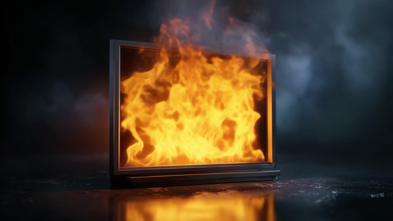 Et dynamisk visuelt billede af flammer, der bryder ud fra en tv-skærm, der viser ildens intensitet og kraft i en dramatisk og kunstnerisk præsentation.