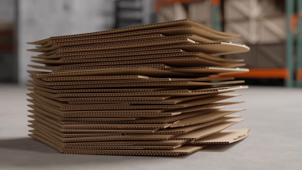 Stack Of Flattened Cardboard In Warehouse, Corrugated Sheets Piled On Concrete Floor With Blurred Industrial