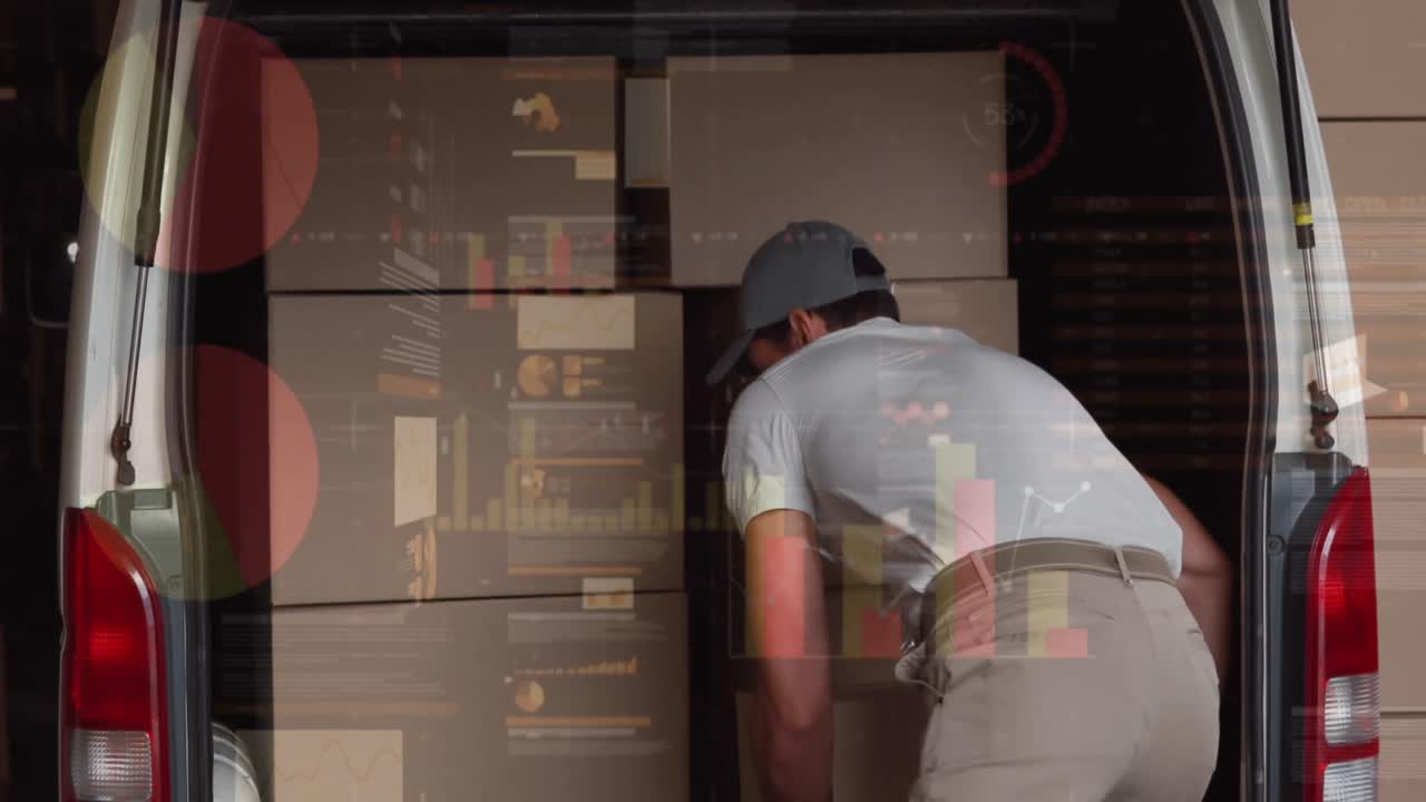 animación del procesamiento de datos financieros sobre el repartidor descargando el coche fuera del almacén