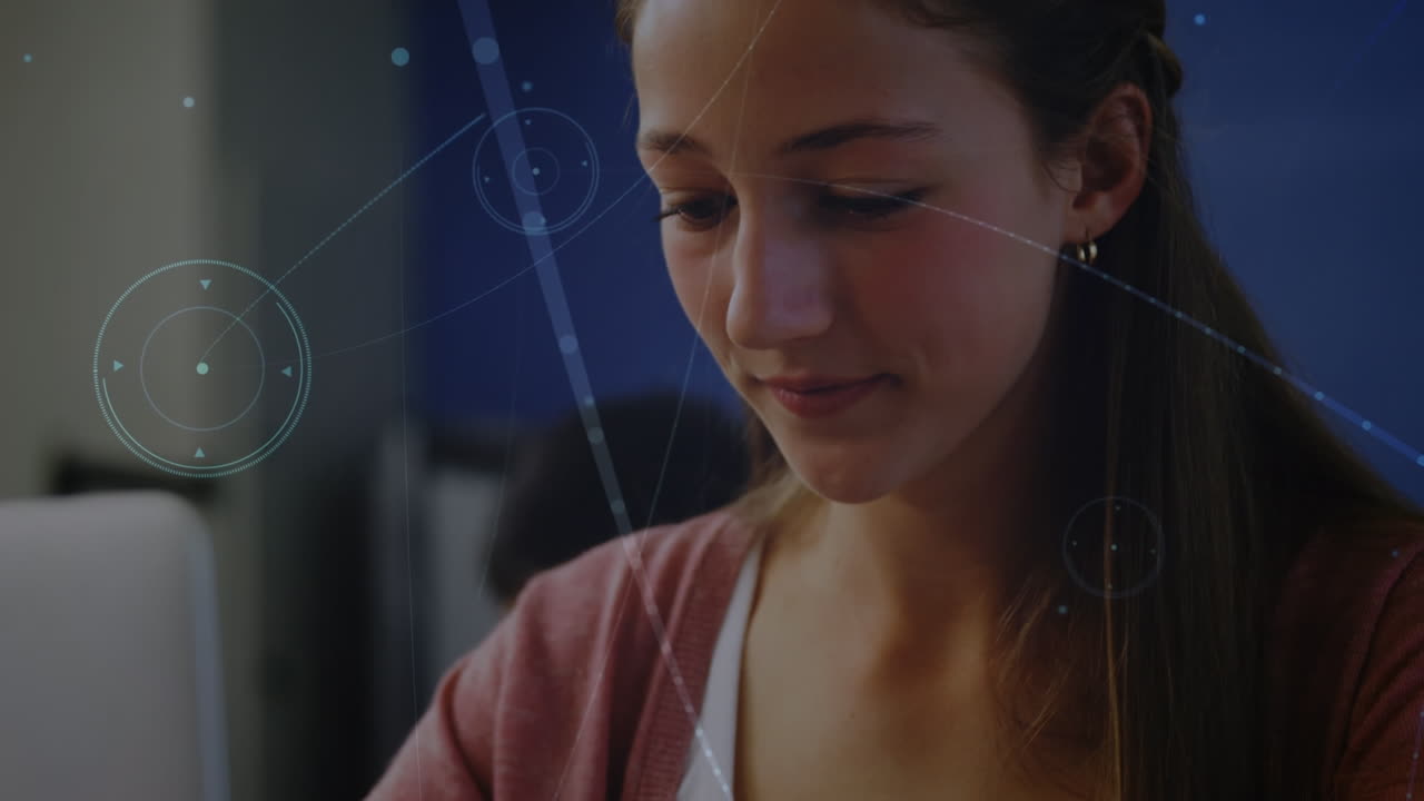 학교에서 백인 소녀에 대한 연결 네트워크의 애니메이션