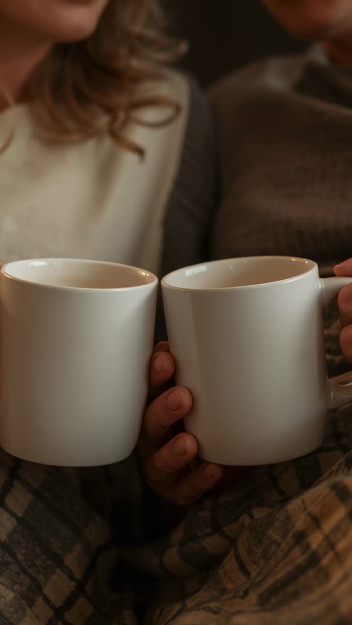 Vídeo vertical: pareja sonriente acercando tazas blancas en un sofá con una manta de cuadros y un jersey para abrigarse