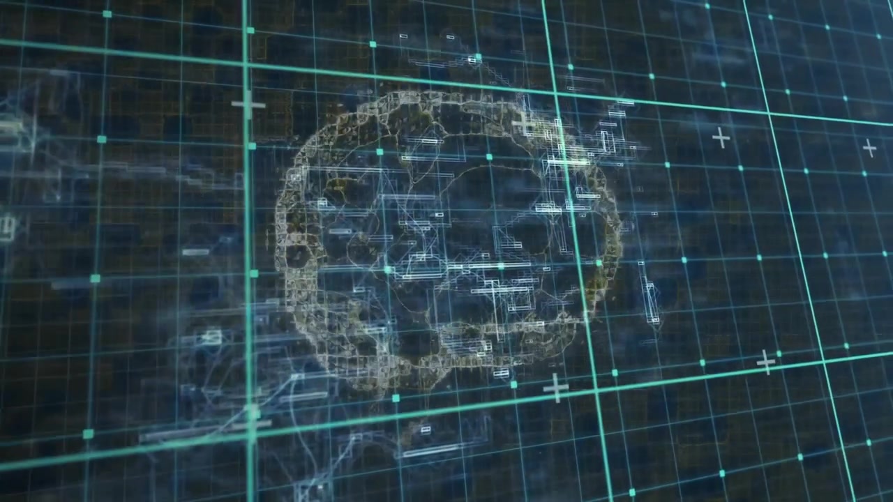 Circuit outlines drifting initiating golden wireframe brain emerging rotating for network demo