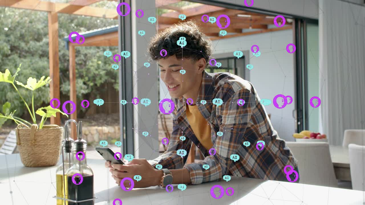 Man leaning in kitchen tapping smartphone on ping reading message while tech nodes overlaying