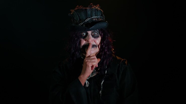 Inquietante donna anziana con trucco da strega di Halloween porta l'indice alle labbra facendo un gesto di silenzio