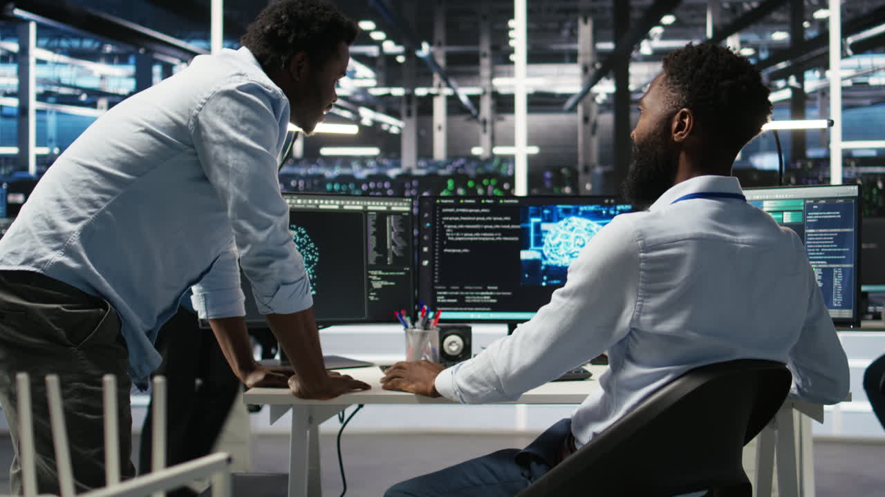 Server hub manager checking AI data analytics graphs, congratulating worker