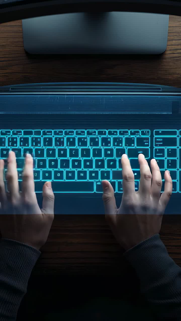 Vídeo vertical: Mãos começando a digitar em escrivaninha doméstica, pressionando teclas ciano com sobreposição e mangas escuras.