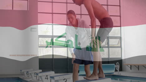 animación de la bandera de irak sobre el nadador masculino biracial