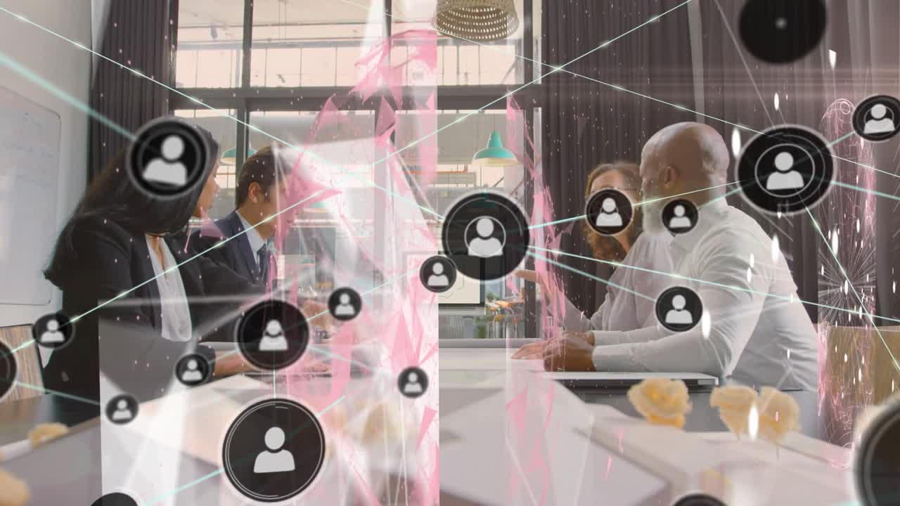 Animation of network of connections over diverse female and male coworkers with laptop in office