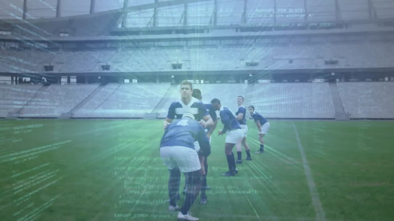 스타디움에서 럭비 선수들에 대한 데이터 처리 애니메이션