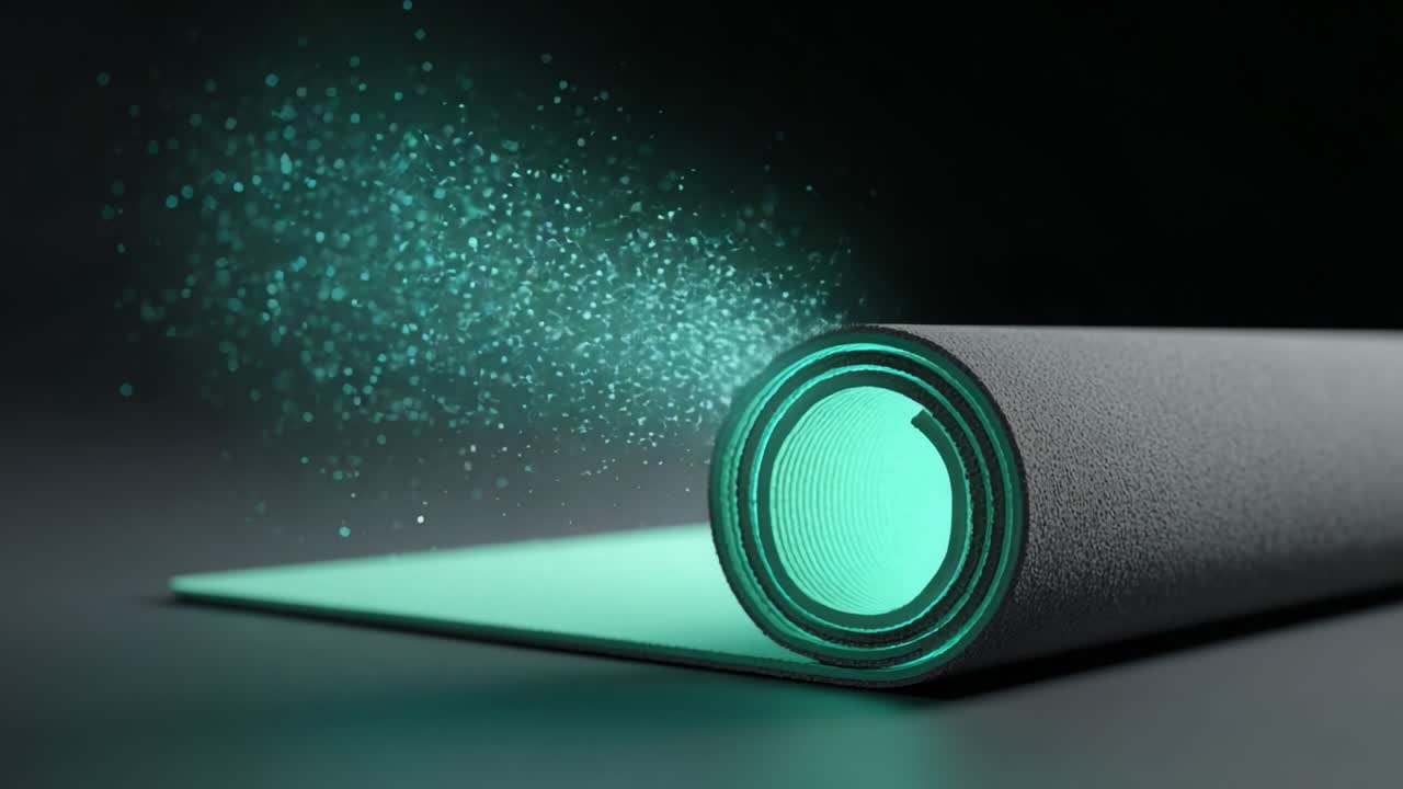 A Captivating Close-Up of a Rolled Yoga Mat with a Soft Glow, Exuding Particles of Light, Creating a Serene and Inviting Atmosphere Perfect for Mindfulness and Relaxation