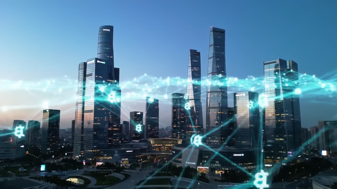 Skyline illuminato di una città al crepuscolo con connessioni dati futuristiche sovrapposte, che mostrano i progressi tecnologici e lo sviluppo urbano in una metropoli moderna