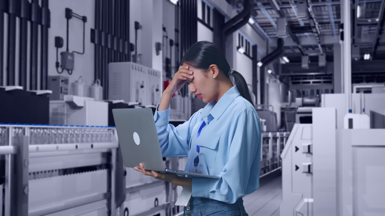 Side View Of Asian Female Professional Worker Use Laptop With Water Production in Bottling Factory,  She Is Nodding Her Shead With Dissapionted