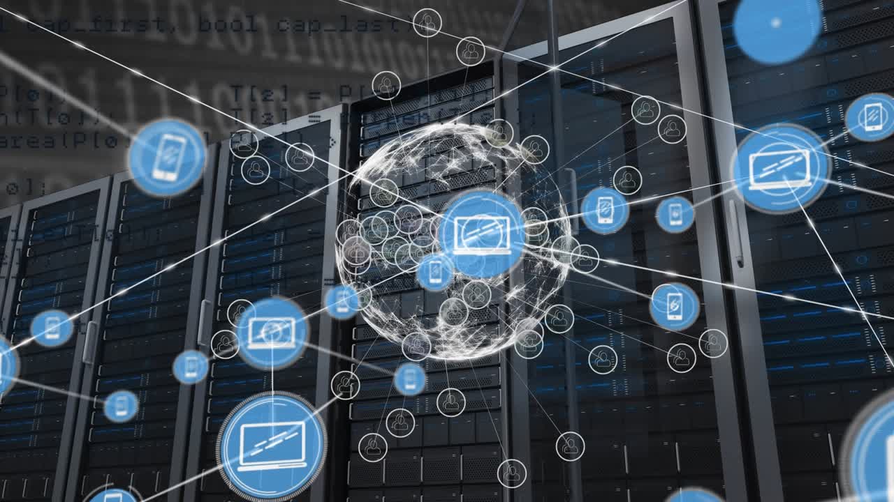 Animation of network of connections and globe over server room